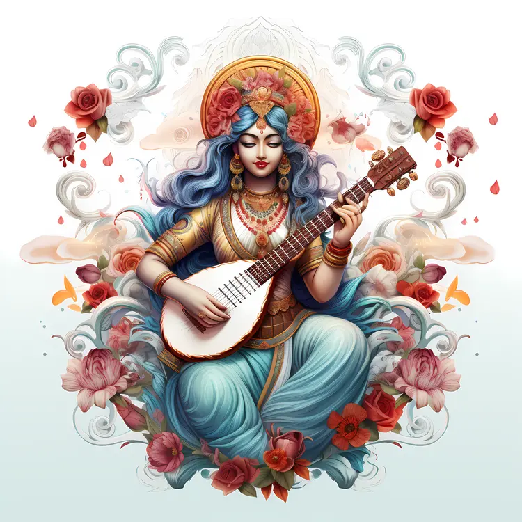 Goddess with Veena and Flowers Illustration