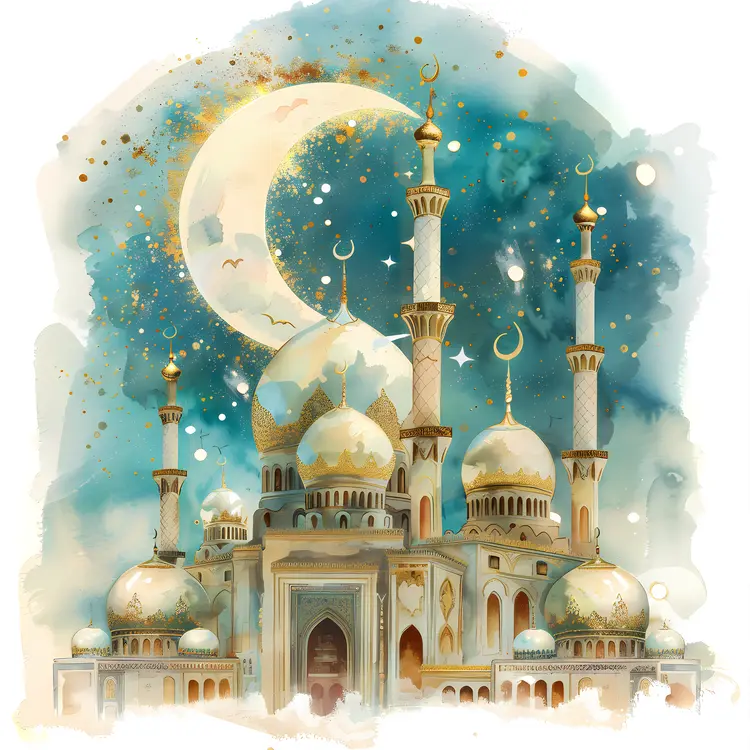 Beautiful Mosque with Crescent Moon and Stars