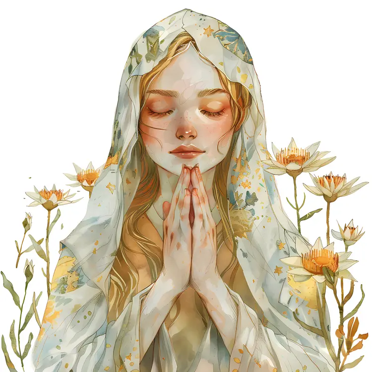 Serene Girl Praying with Floral Background