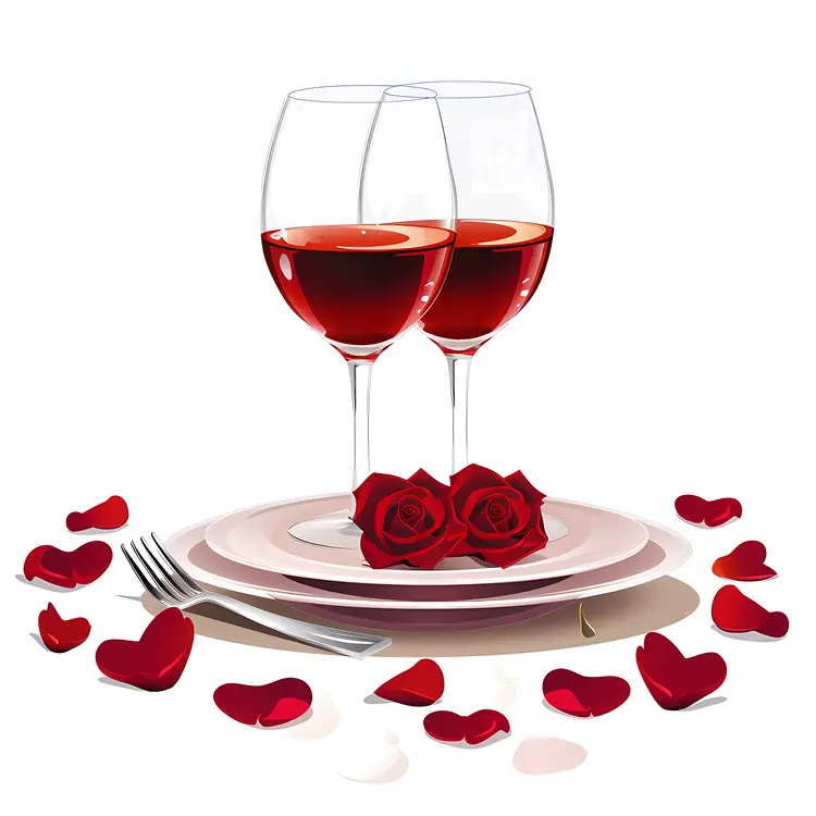 Wine Glasses with Rose Petals for a Romantic Dinner