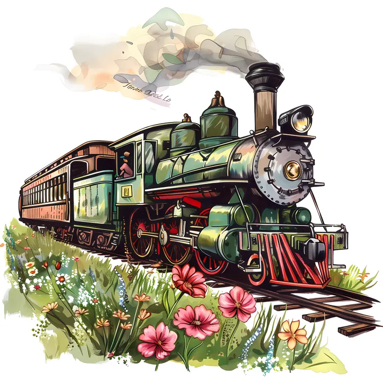 Vintage Green Steam Train with Flowers