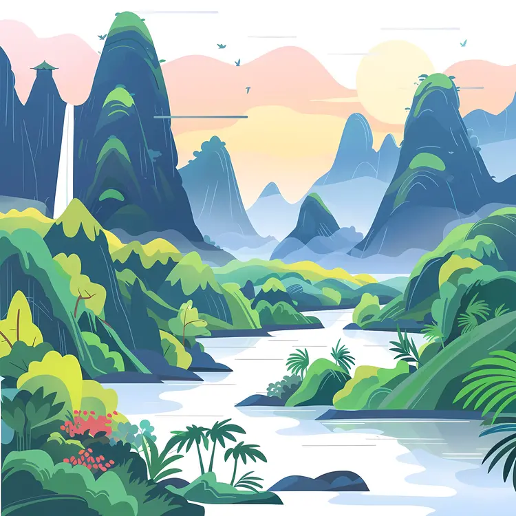 Mountain Landscape with River and Sunset