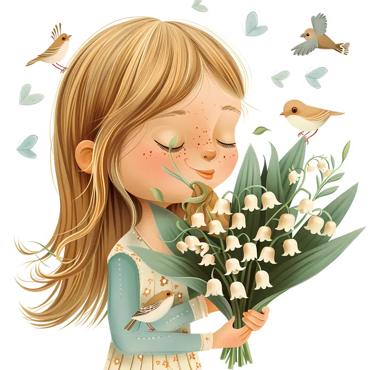 Girl Holding Flowers with Birds