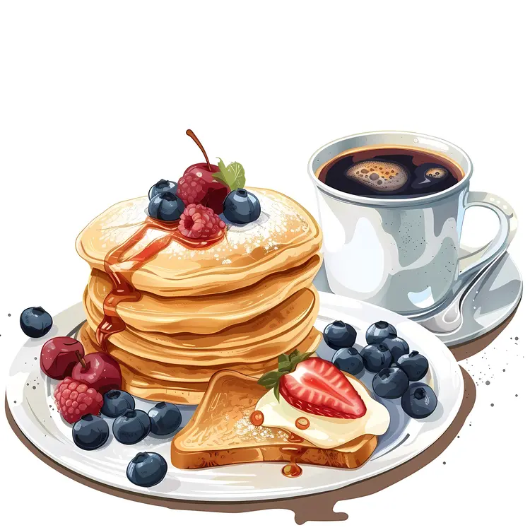 Breakfast with Pancakes, Berries, and Coffee