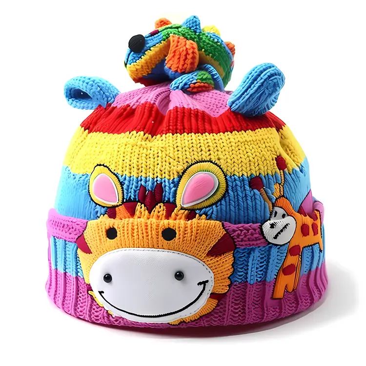 Striped Knitted Hat with Animal Designs