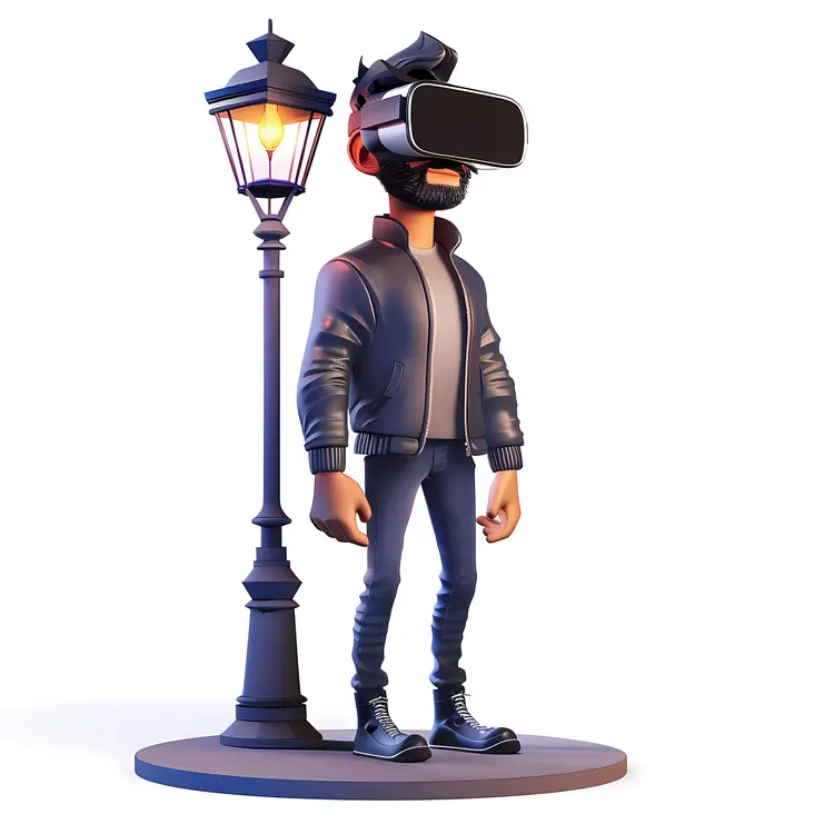 Person Standing with VR Headset Near Lamp Post
