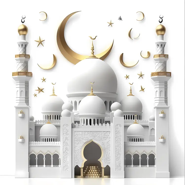 White and Gold Mosque with Crescent Moon and Stars