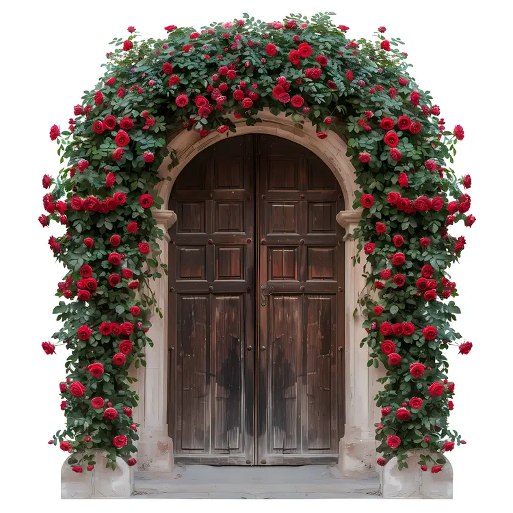 Red Roses Climbing Around a Wooden Door