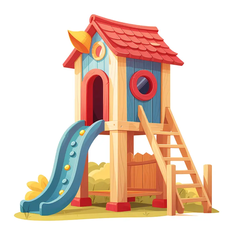 Colorful Blue and Red Treehouse with Slide and Stairs