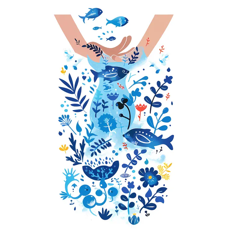 Hands Holding Water with Fish and Plants Illustration