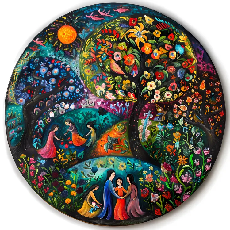 Colorful Nature Scene with People and Animals