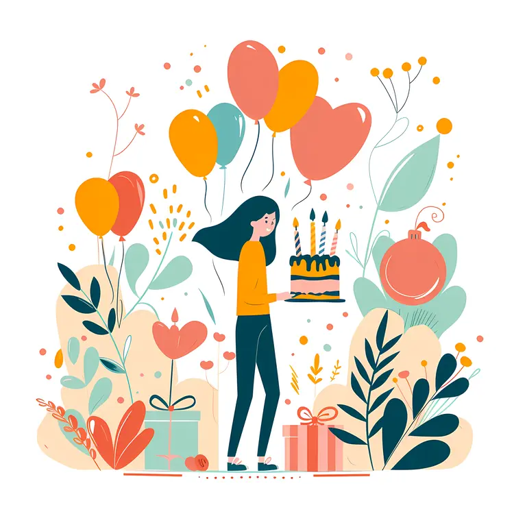 Girl Holding Birthday Cake with Balloons