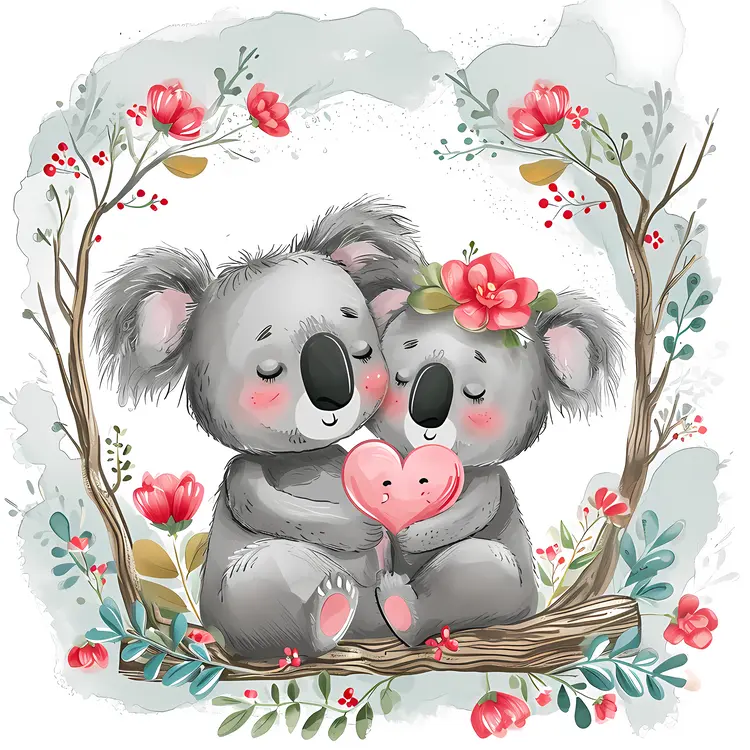 Koalas Holding Heart with Floral Background