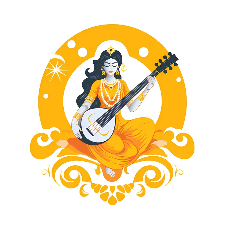 Divine Goddess Playing Veena with Yellow Background