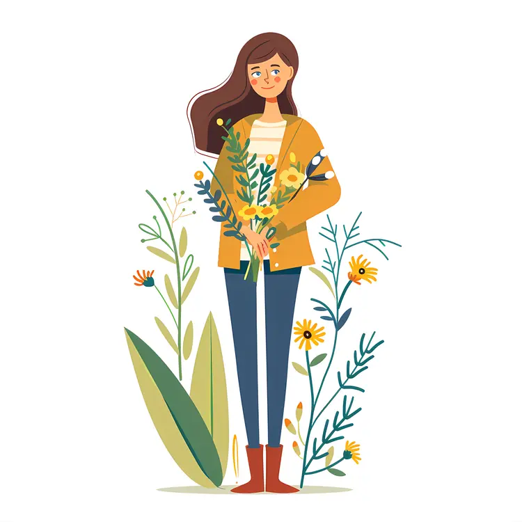 Woman Holding Flowers Illustration