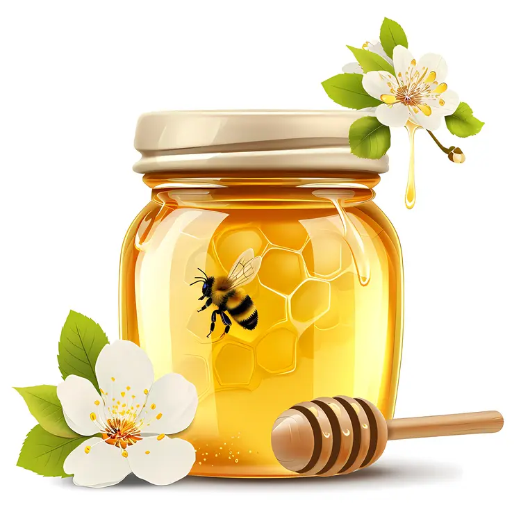 Golden Honey Jar with Bee and Flowers