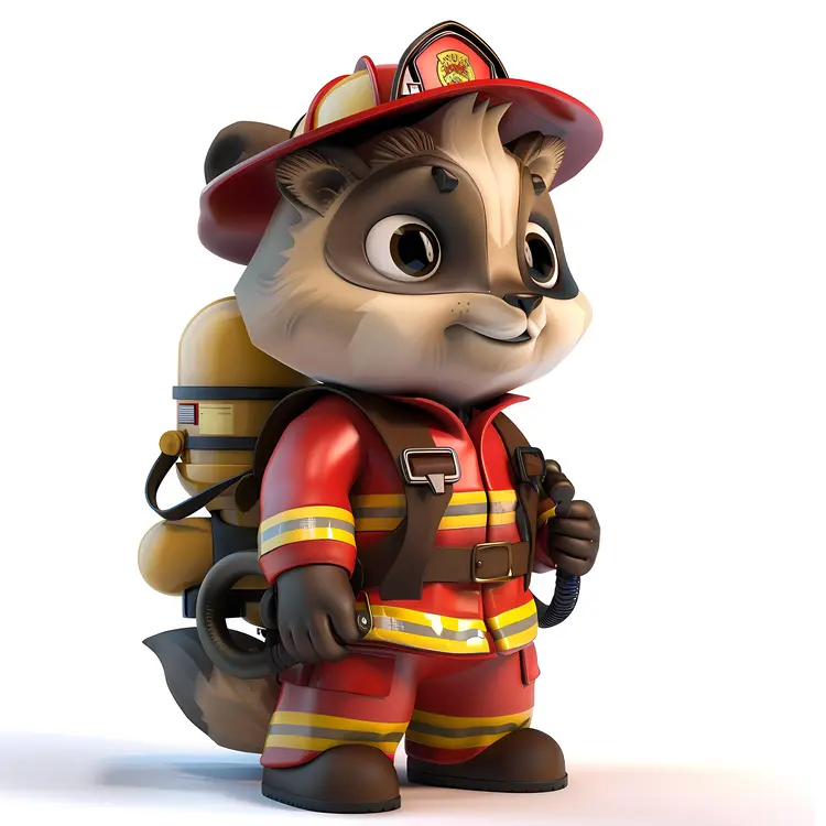 Cute Cartoon Raccoon Firefighter in Uniform