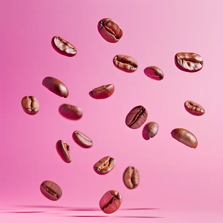 Floating Coffee Beans on Pink Background