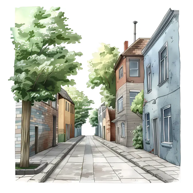 Quiet Street with Trees and Buildings