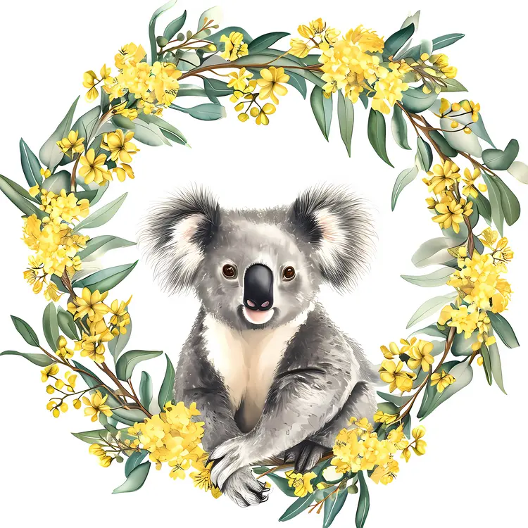 Koala in a Wreath of Yellow Flowers and Eucalyptus