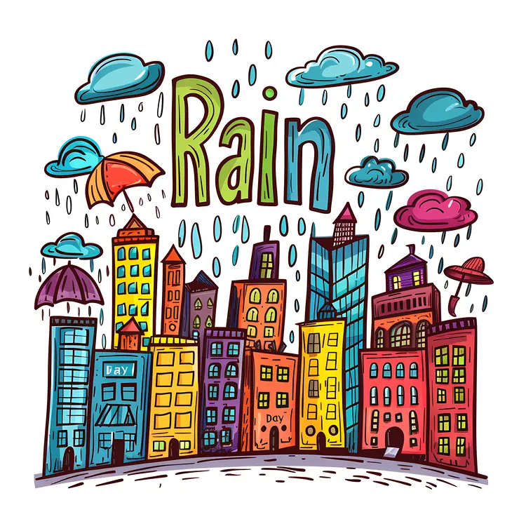 Colorful Rain Day Illustration with City Buildings