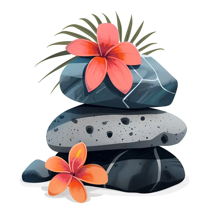 Zen Stacked Stones with Red Flowers