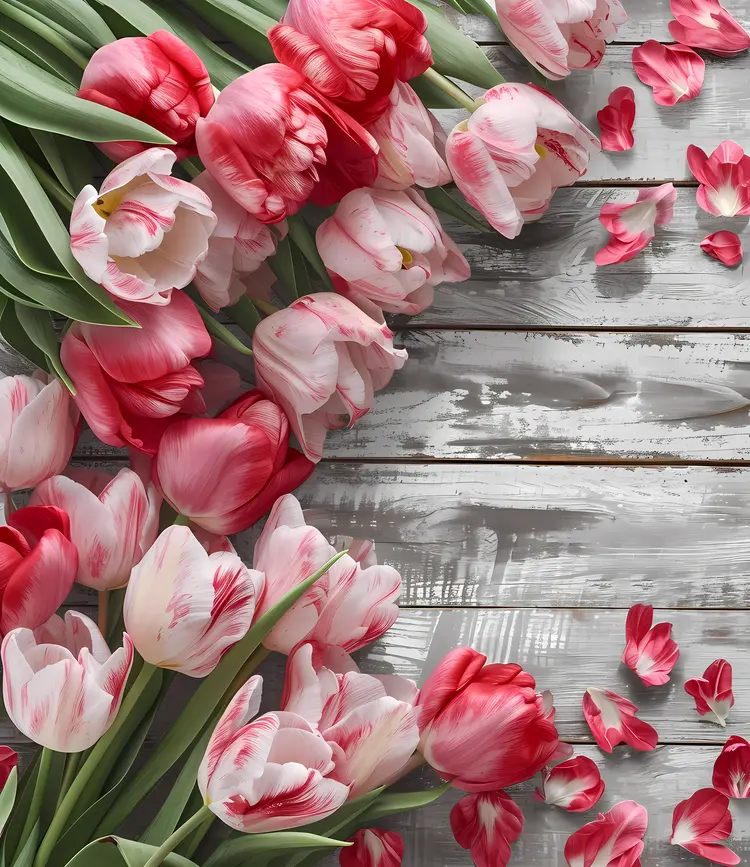 Pink Tulips on Wooden Background