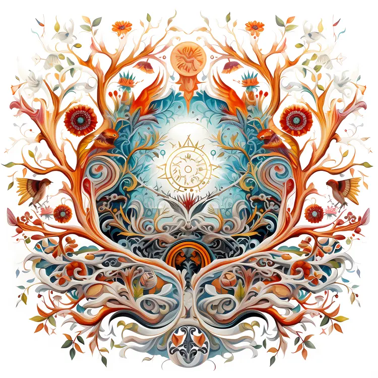 Tree with Sun and Floral Decorations