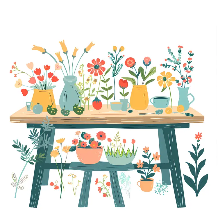 Table with Various Flowers and Pots