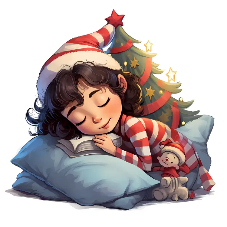 Sleeping Girl with Book and Christmas Tree