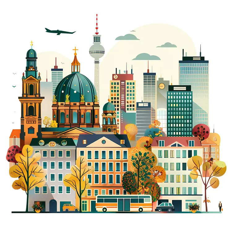 Colorful Cityscape with Historical and Modern Buildings