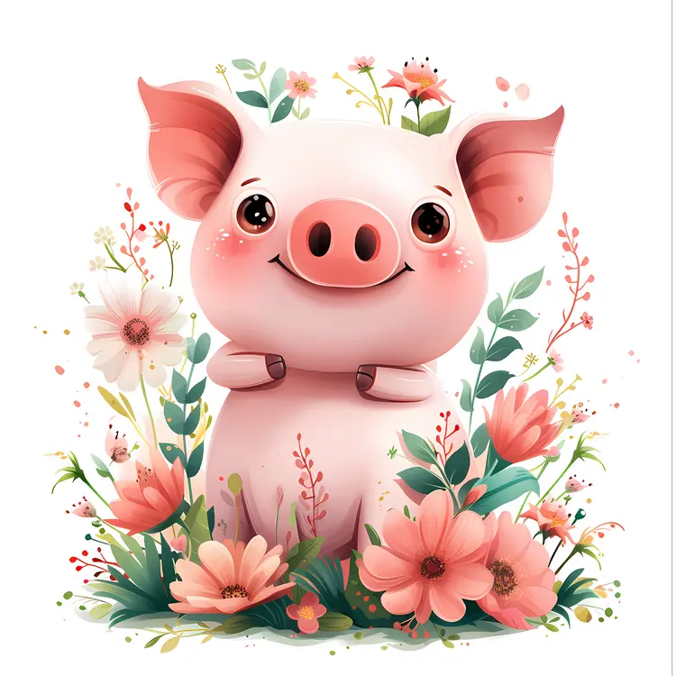 Smiling Pig Surrounded by Flowers