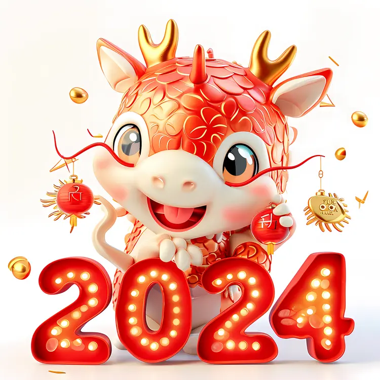Red Dragon Holding Lanterns for 2024 New Year