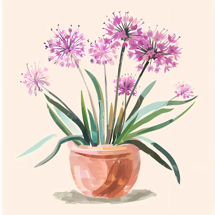 Pink Allium Flowers in a Terracotta Pot