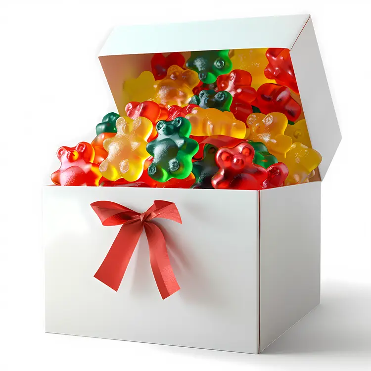 Colorful Gummy Bears in a White Box