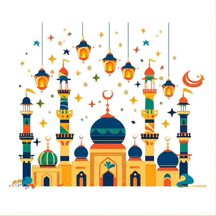 Colorful Mosque with Hanging Lanterns and Stars
