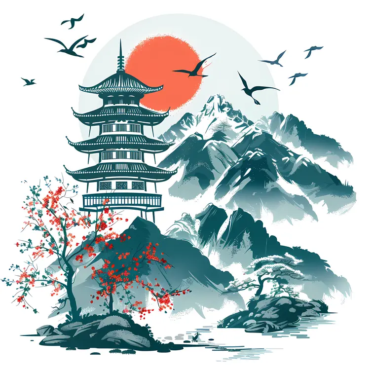 Serene Mountain Landscape with Pagoda