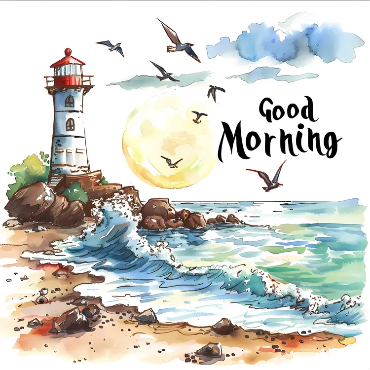 Good Morning Text with Lighthouse and Sea