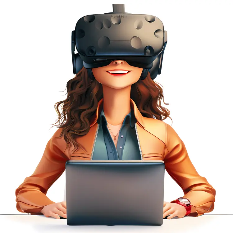 Person Smiling with VR Headset and Laptop