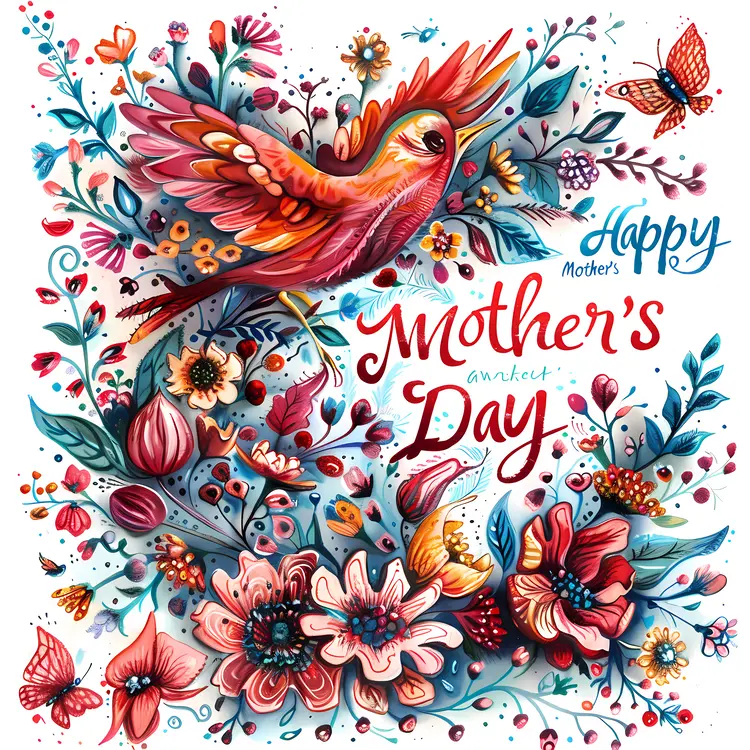 Happy Mother's Day with Colorful Bird and Flowers