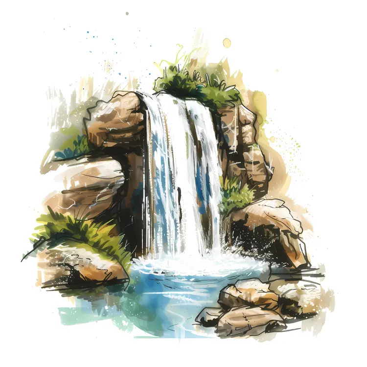 Natural Waterfall with Rocks and Plants