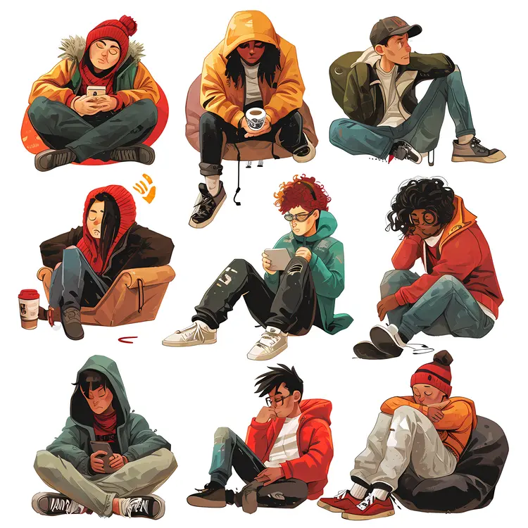 Various People Sitting in Different Poses