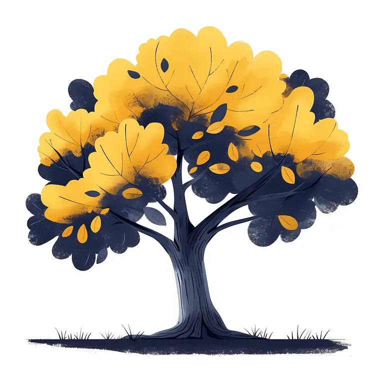 Yellow and Blue Tree with Thick Trunk
