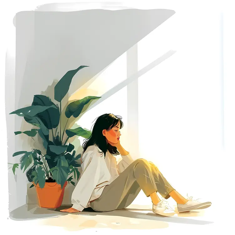 Girl Sitting on Floor with Plant