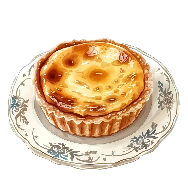 Single Custard Tart on Floral Plate