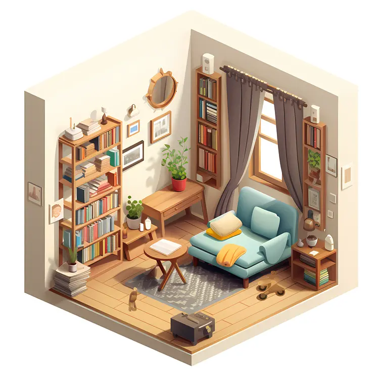 Cozy Reading Corner with Bookshelf and Sofa