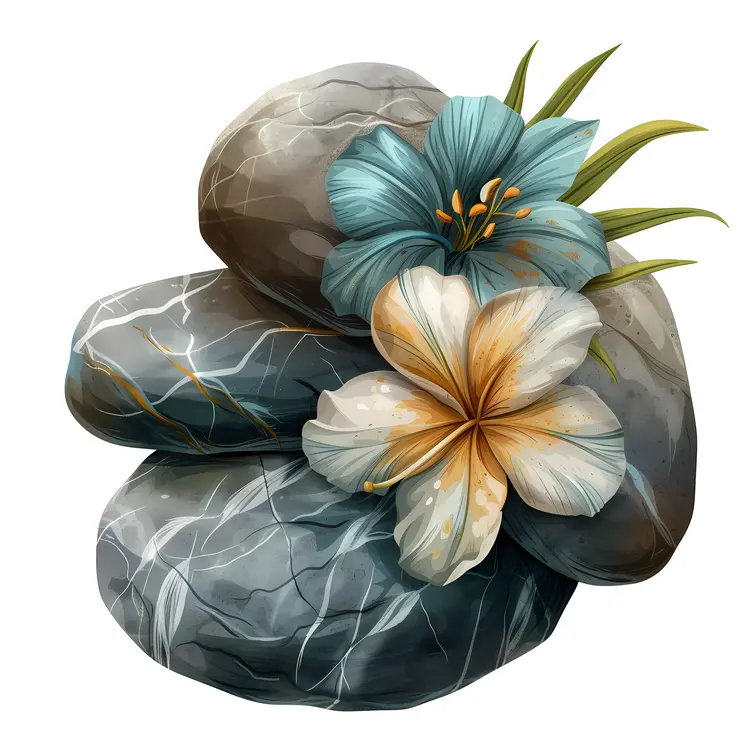 Zen Stacked Stones with Blue and White Flowers