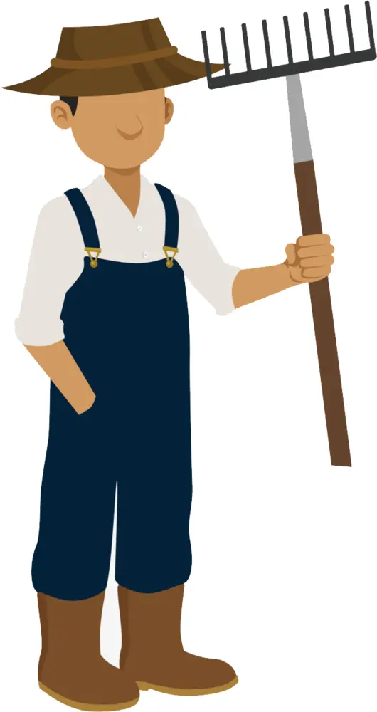 Farmer Holding a Rake in Blue Overalls