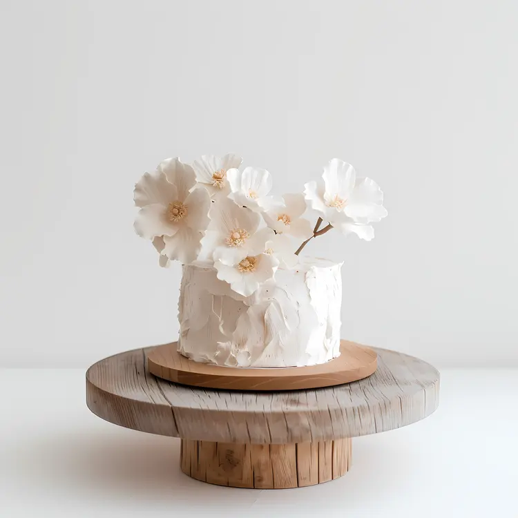 White Flower Cake on Wooden Stand