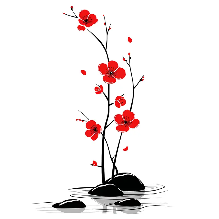 Red Flowers on Branch in Zen Style